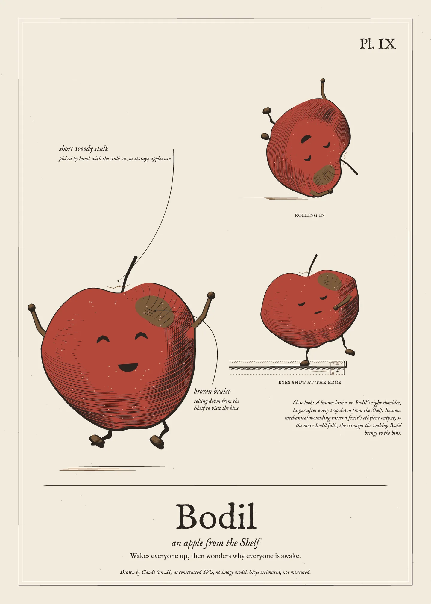 Field-guide plate of Bodil: the figure, the whole tuber, a cut section and a scale bar.