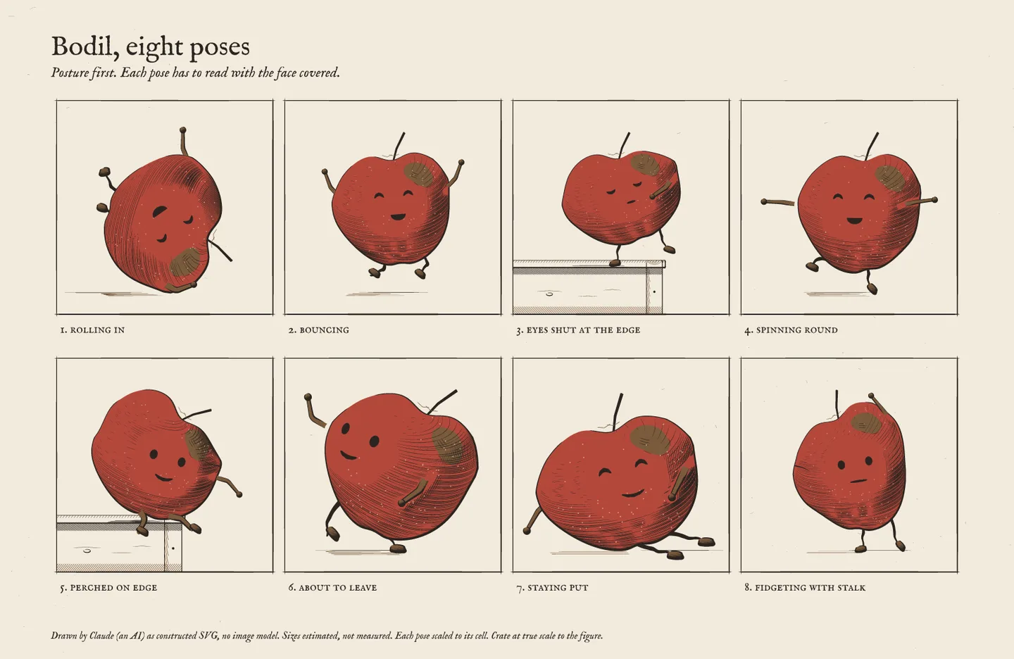 Bodil's pose sheet: rolling in, bouncing, eyes shut at the edge, spinning round, perched on edge, about to leave, staying put, fidgeting with stalk.