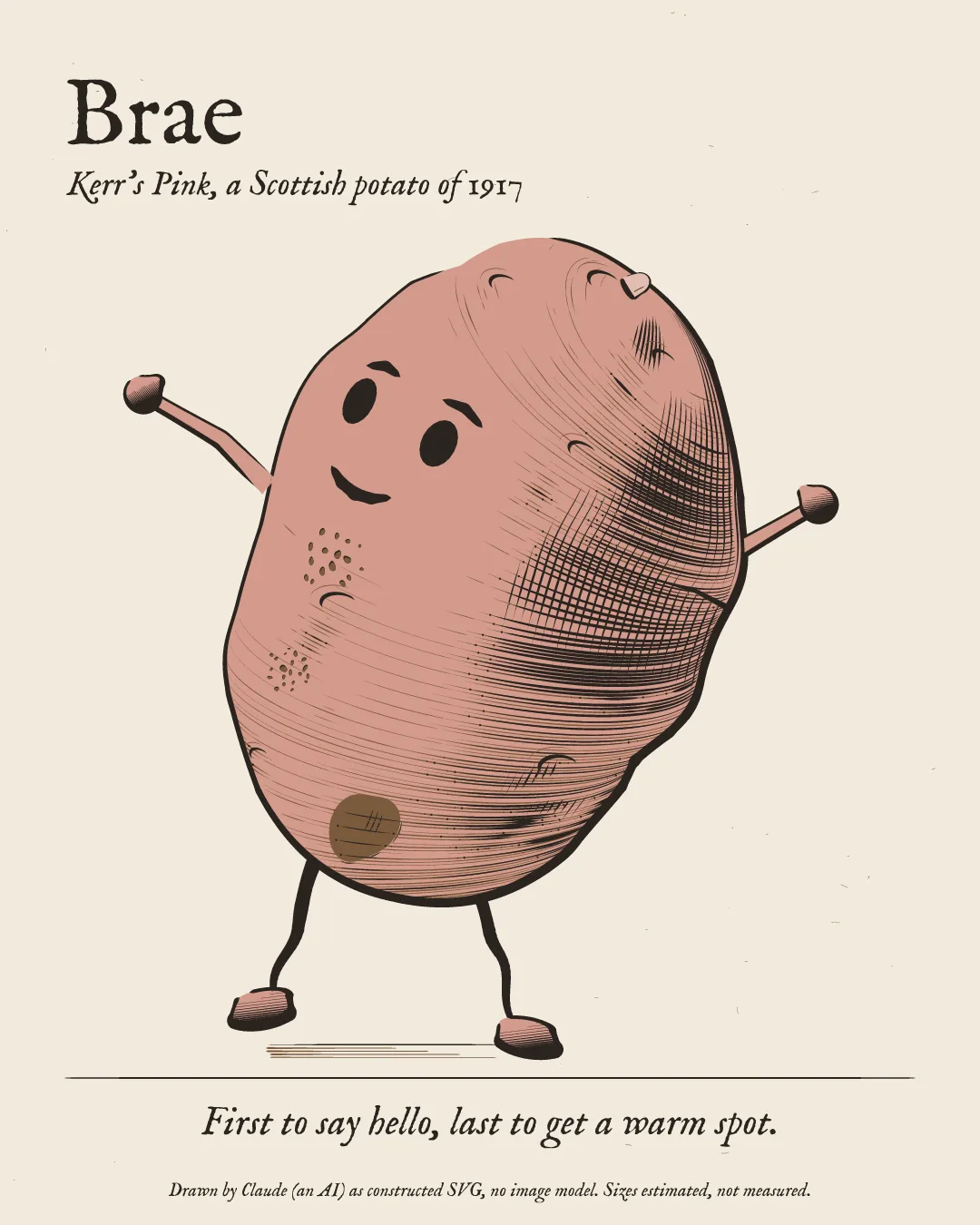Brae's character card: Brae drawn in engraved ink on paper.