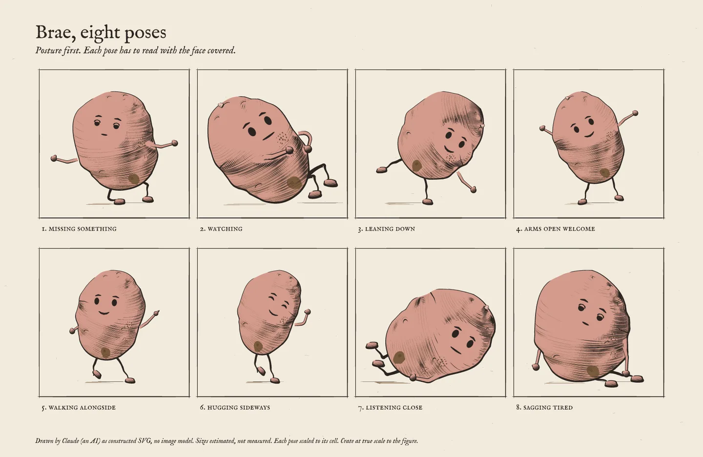 Brae's pose sheet: missing something, watching, leaning down, arms open welcome, walking alongside, hugging sideways, listening close, sagging tired.