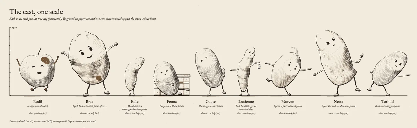 The nine residents of the cellar side by side at one scale, from Bodil the apple to the long russet Netta, engraved in ink on paper.