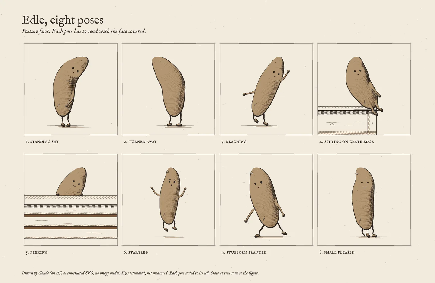 Edle's pose sheet: standing shy, turned away, reaching, sitting on crate edge, peeking, startled, stubborn planted, small pleased.