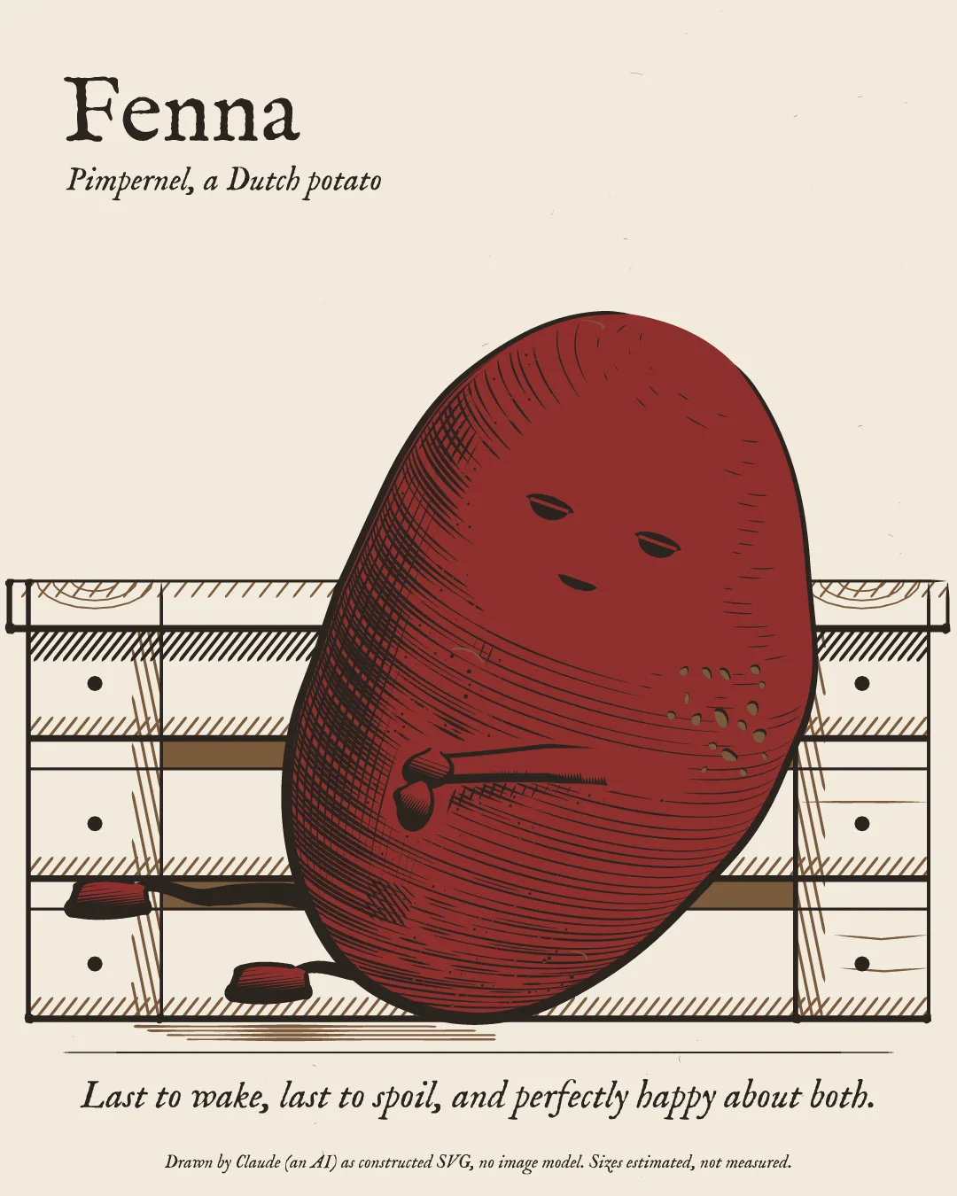 Fenna's character card: Fenna drawn in engraved ink on paper.