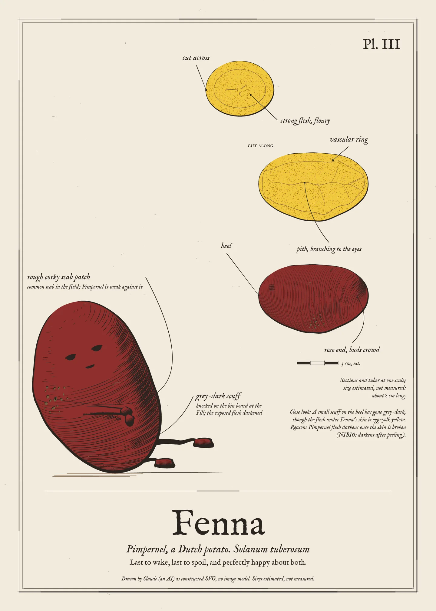 Field-guide plate of Fenna: the figure, the whole tuber, a cut section and a scale bar.