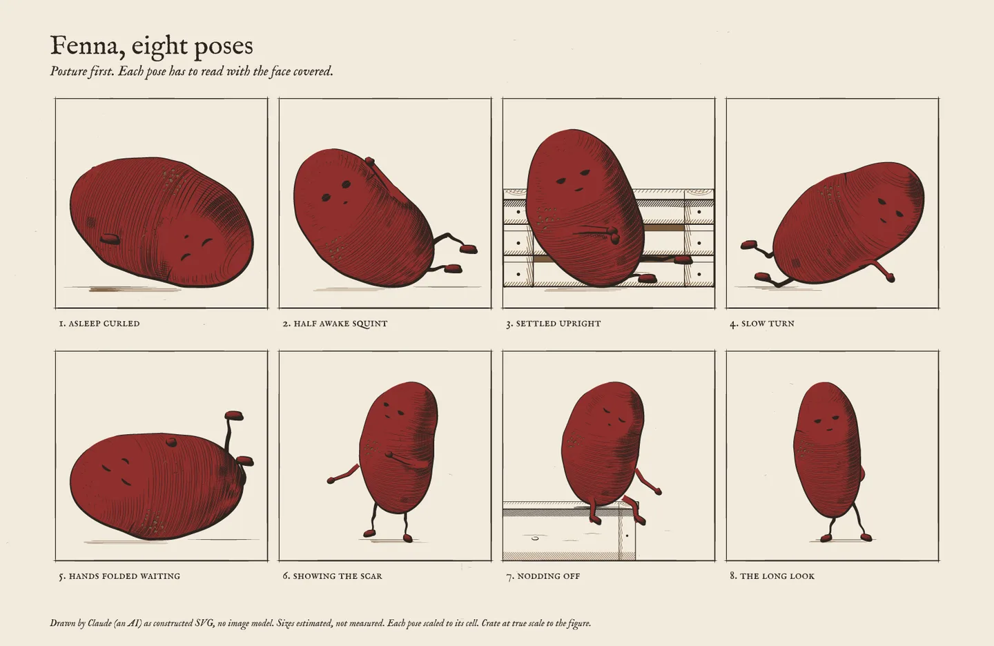 Fenna's pose sheet: asleep curled, half awake squint, settled upright, slow turn, hands folded waiting, showing the scar, nodding off, the long look.