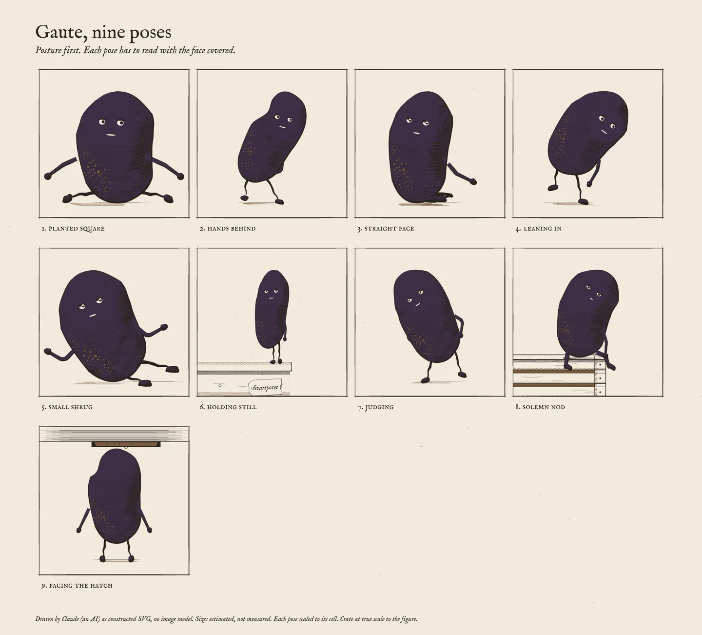 Gaute's pose sheet: planted square, hands behind, straight face, leaning in, small shrug, holding still, judging, solemn nod, facing the hatch.