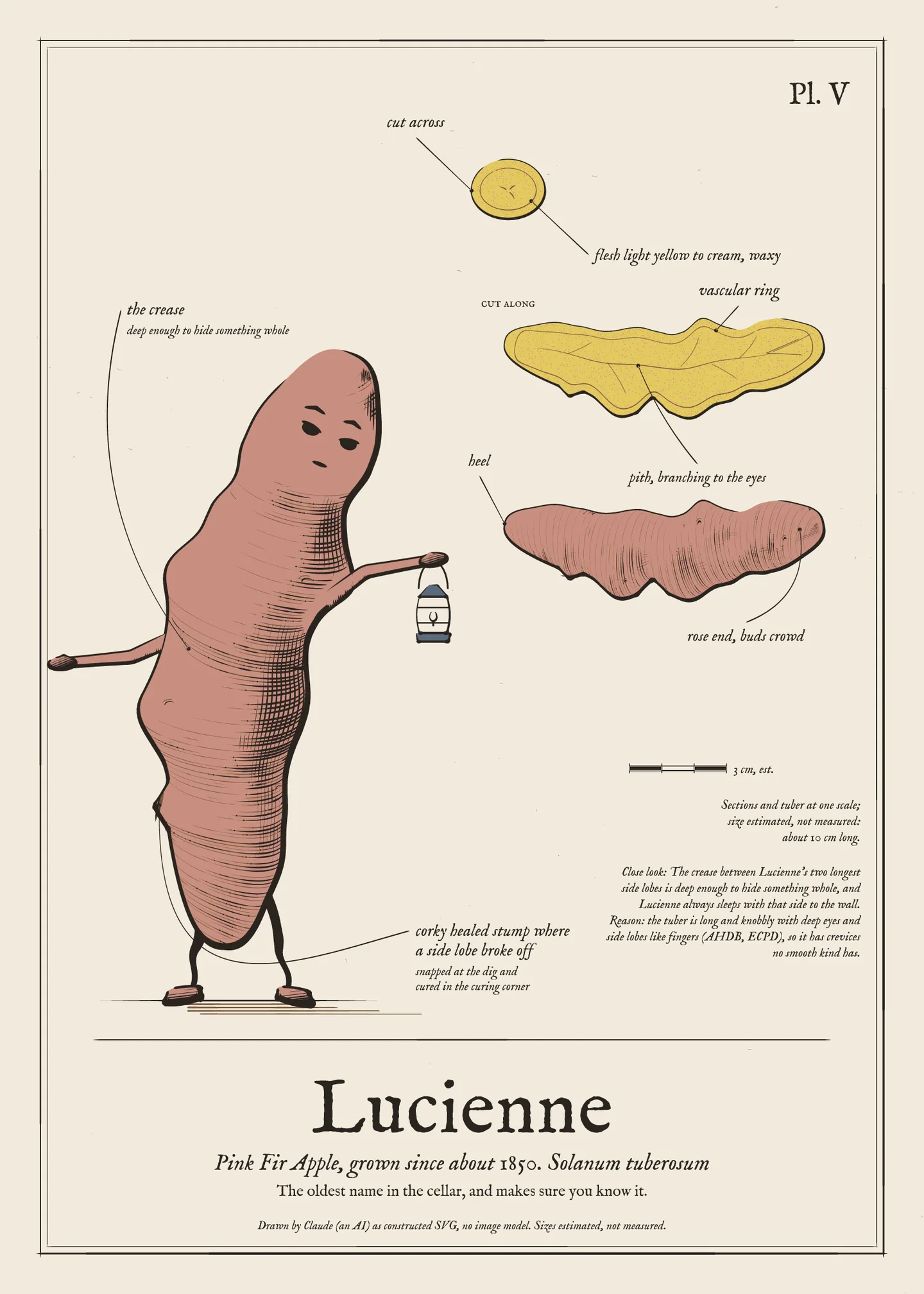 Field-guide plate of Lucienne: the figure, the whole tuber, a cut section and a scale bar.