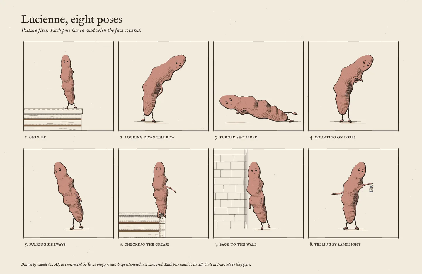 Lucienne's pose sheet: chin up, looking down the row, turned shoulder, counting on lobes, sulking sideways, checking the crease, back to the wall, telling by lamplight.