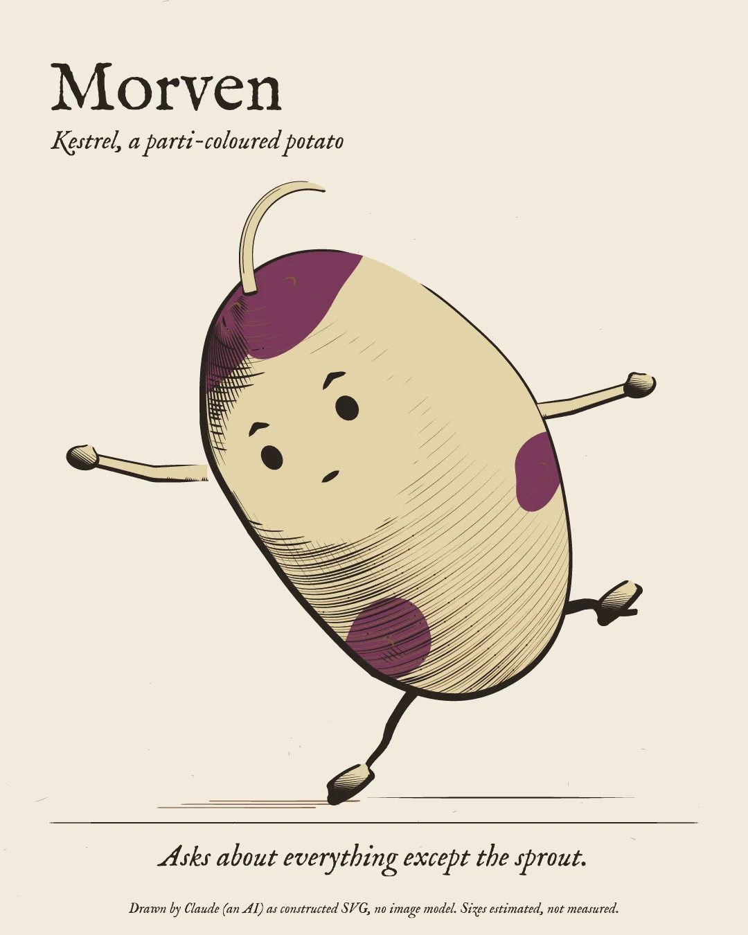 Morven's character card: Morven drawn in engraved ink on paper.