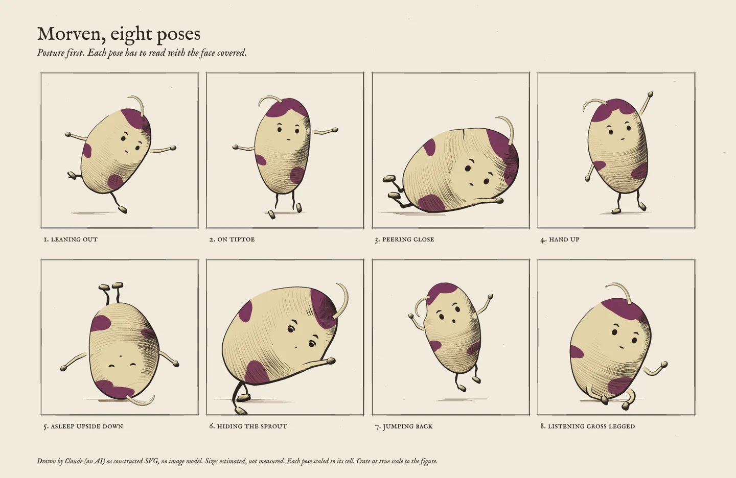 Morven's pose sheet: leaning out, on tiptoe, peering close, hand up, asleep upside down, hiding the sprout, jumping back, listening cross legged.