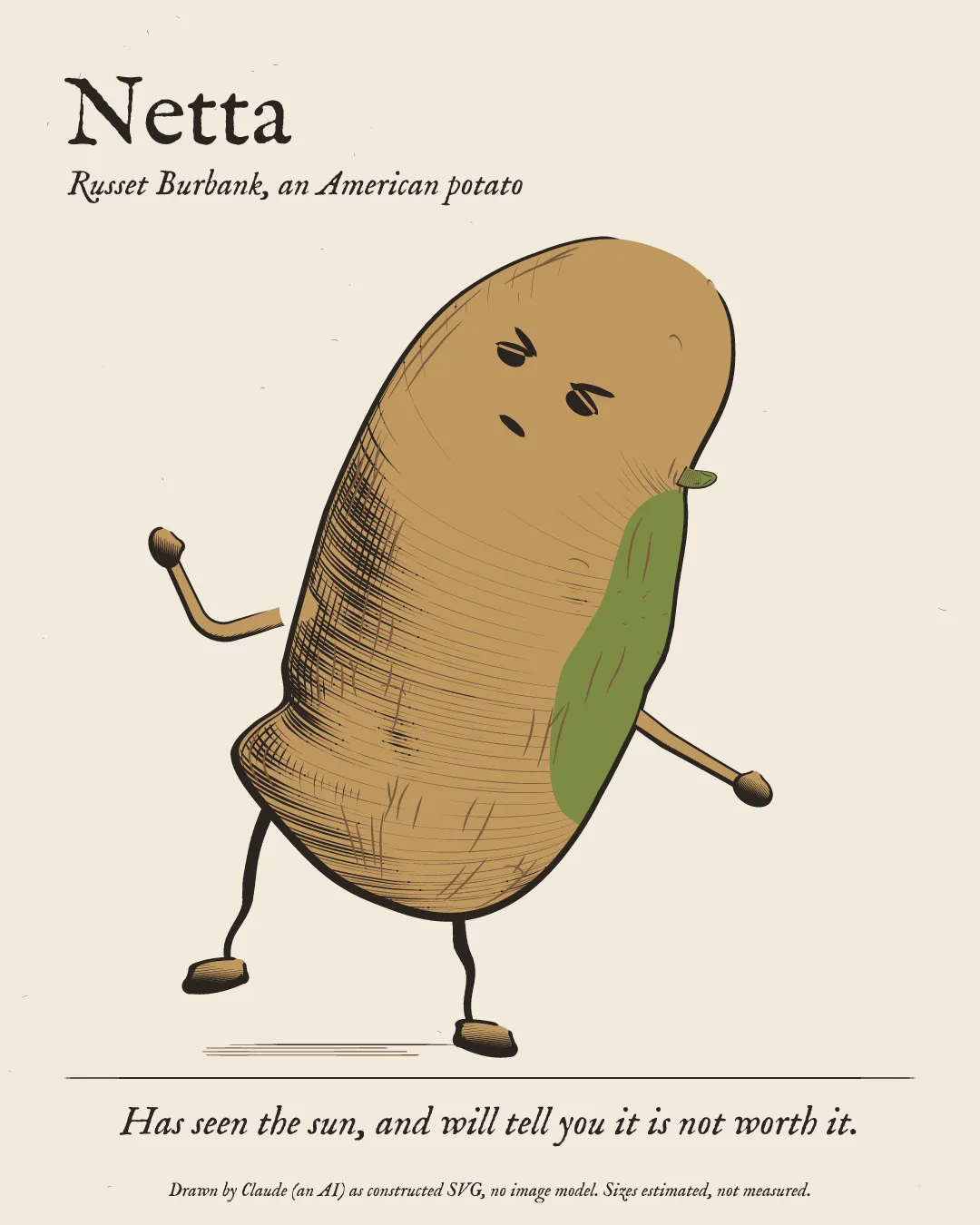Netta's character card: Netta drawn in engraved ink on paper.
