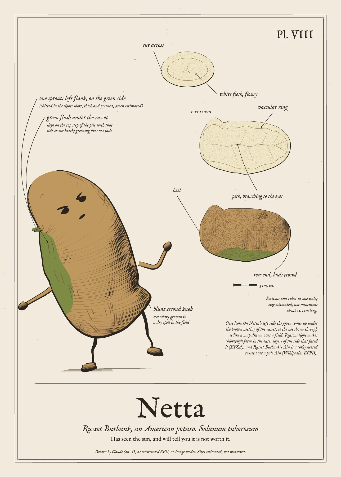 Field-guide plate of Netta: the figure, the whole tuber, a cut section and a scale bar.