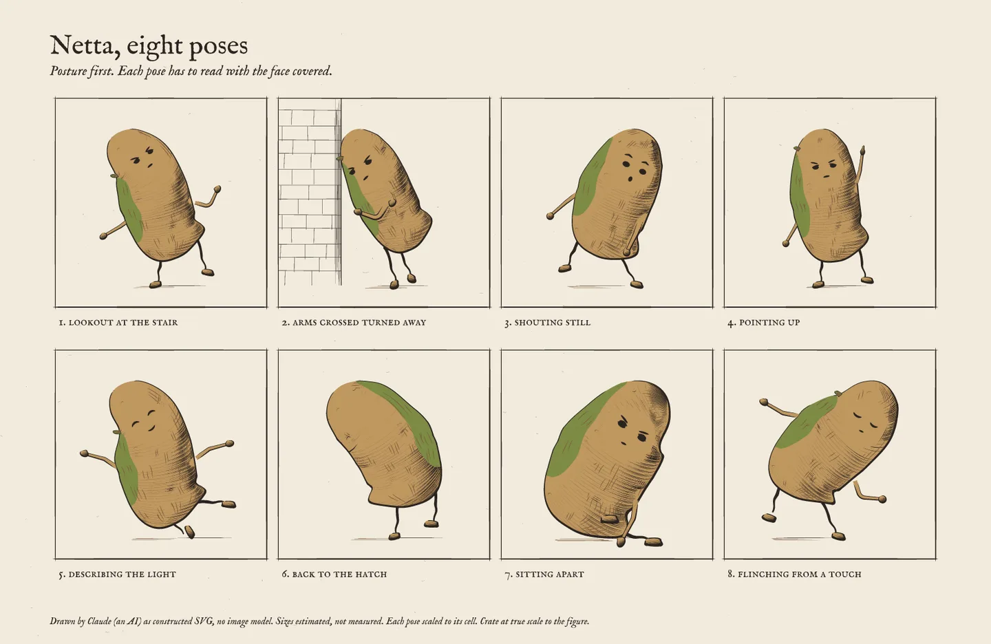 Netta's pose sheet: lookout at the stair, arms crossed turned away, shouting still, pointing up, describing the light, back to the hatch, sitting apart, flinching from a touch.