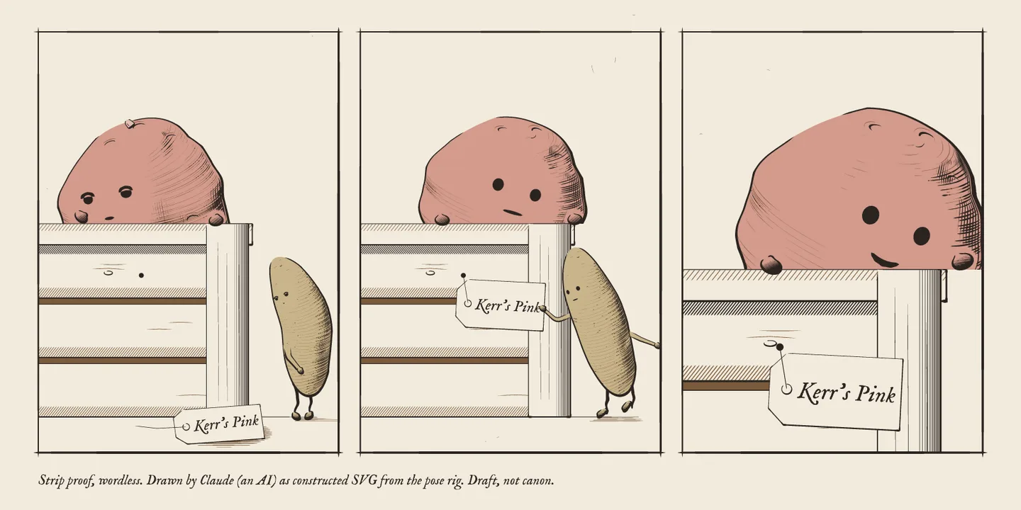 A wordless three-panel strip, side by side. One: a big pink potato peers over a slatted crate, looking for something; a paper tag reading Kerr's Pink lies on the floor, and a long, crooked yellow-brown potato stands shyly beside it. Two: the crooked potato hangs the tag back on its nail while the pink one watches. Three, closer: the tag hangs in its place, the crooked potato has gone, and the pink potato looks down at its label with a small smile. Drawn by Claude (an AI) as constructed SVG.