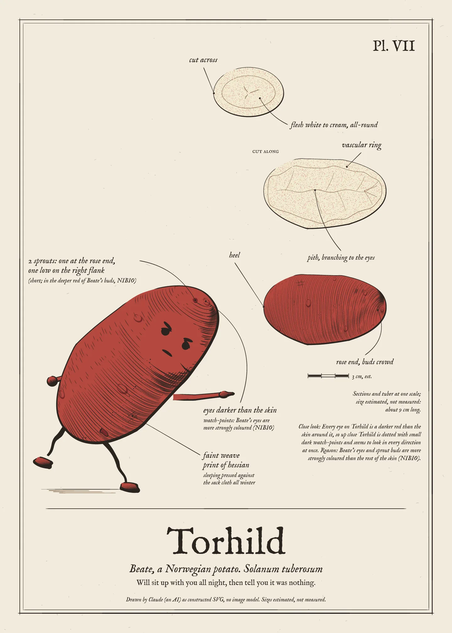 Field-guide plate of Torhild: the figure, the whole tuber, a cut section and a scale bar.