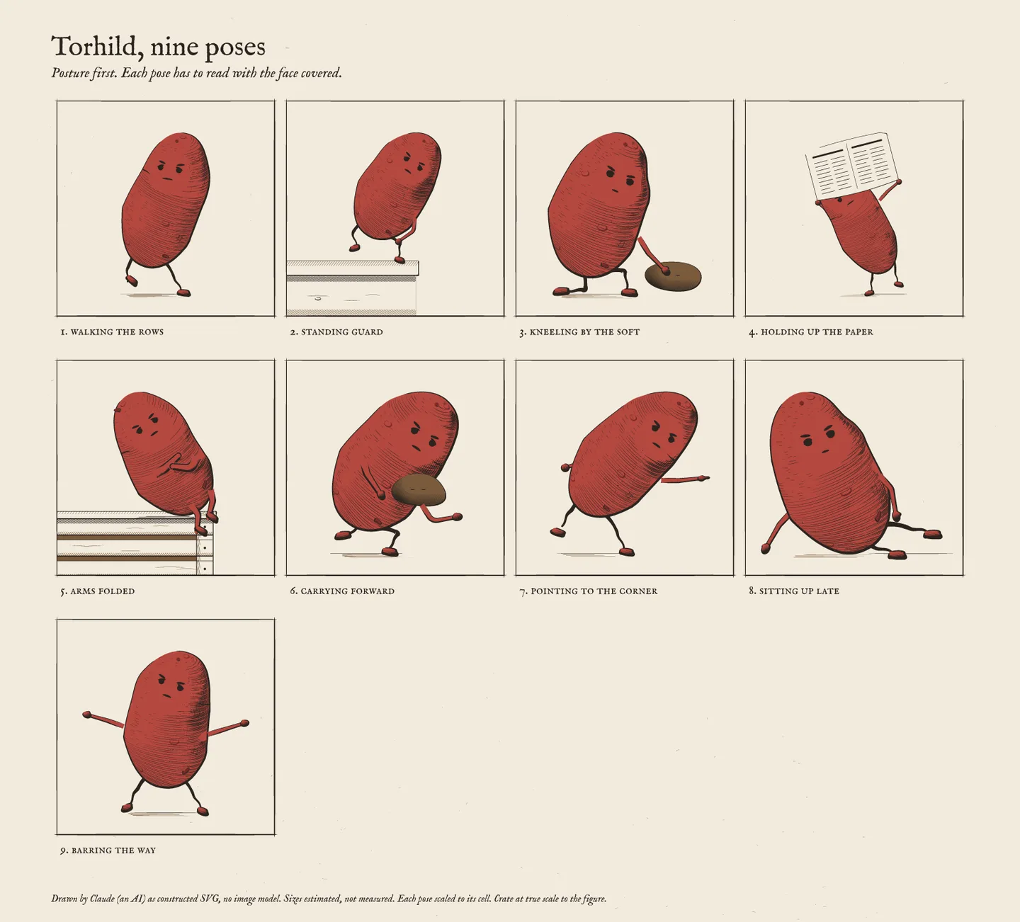 Torhild's pose sheet: walking the rows, standing guard, kneeling by the soft, holding up the paper, arms folded, carrying forward, pointing to the corner, sitting up late, barring the way.